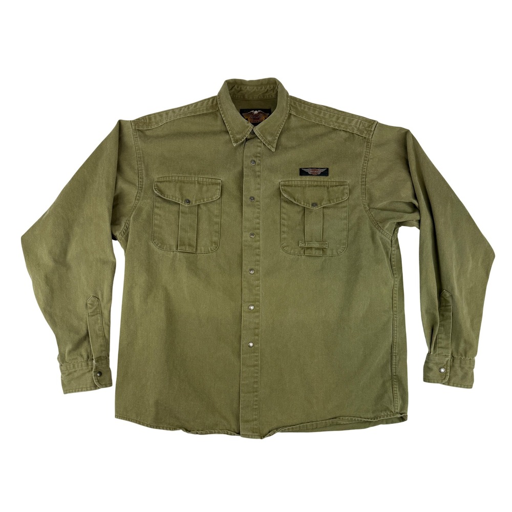 Harley-Davidson Button Down Shirt Mens XL Green Long Sleeve Cotton Snap Workwear